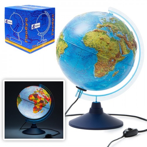 Глобус Земли физико-политический 250мм Рельефный с подсветкой Классик  Евро